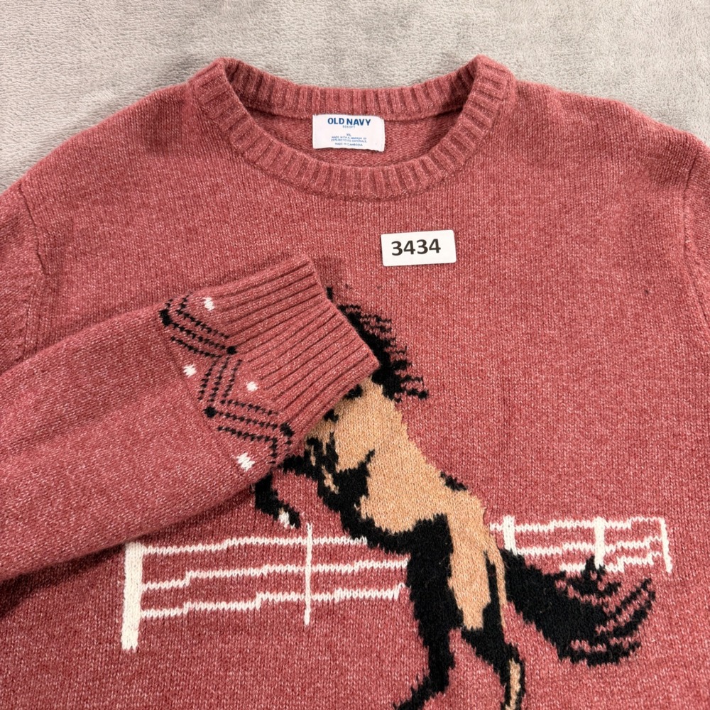 Old‎ Navy Sweater Womens XL Pink SoSoft Horse Graphic Intarsia Knit Crewneck